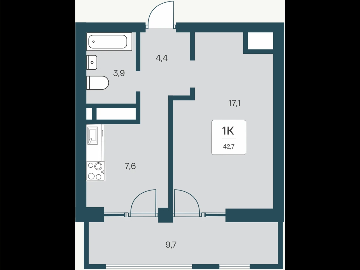 Двухкомнатная квартира площадью 58,9 м²