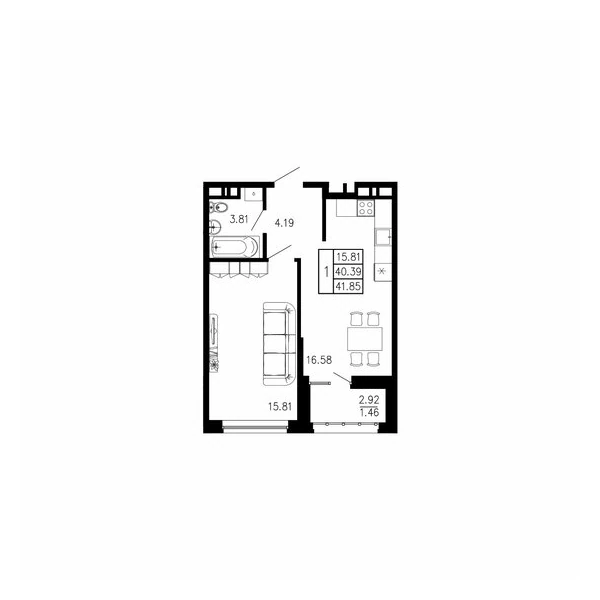 Планировка Однокомнатная квартира 41,85 м² в ROYALTA