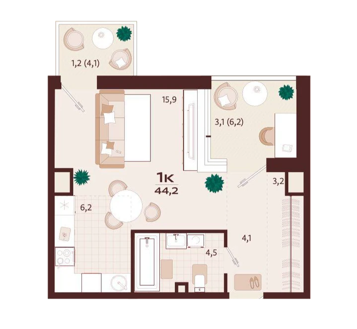 Планировка Однокомнатная с двумя балконами 44,20 м² в ROYALTA