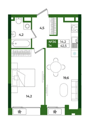 Планировка Двухкомнатная квартира 60,45 м² в Розмарин