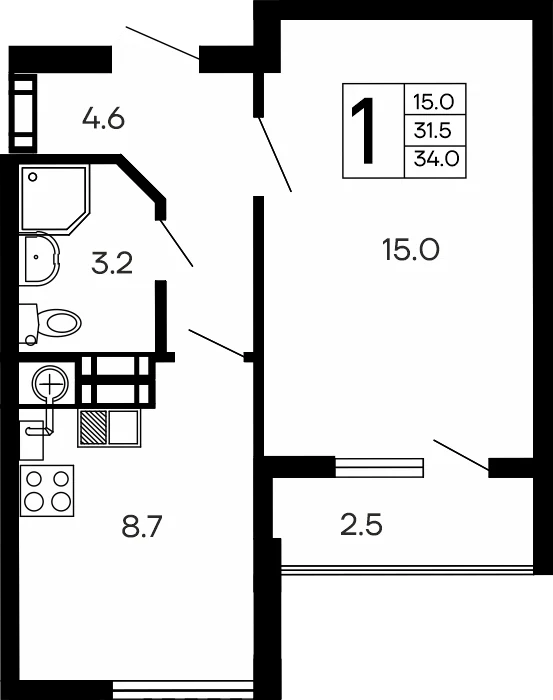 Планировка: Однокомнатная квартира, 34 м², ЖК «Семейный»