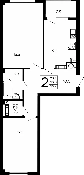 Планировка: Двухкомнатная квартира, 55,9 м², ЖК «Семейный»