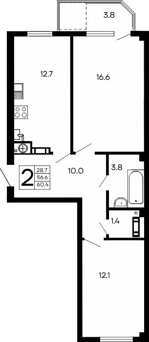 Планировка: Двухкомнатная квартира, 60,4 м², ЖК «Семейный»