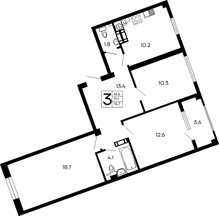 Планировка: Трёхкомнатная квартира, 74,7 м², ЖК «Семейный»