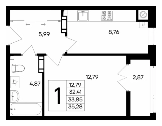 Планировка однокомнатной квартиры 35,28 м² в ЖК Сезоны