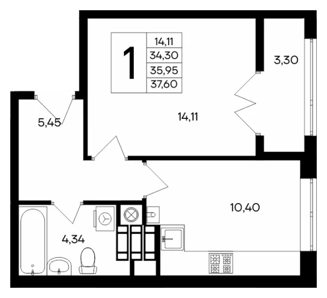Планировка однокомнатной квартиры 37,60 м² в ЖК Сезоны