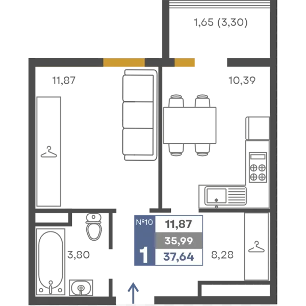 Планировка: Однокомнатная квартира, 35,99 м², ЖК «Сфера»