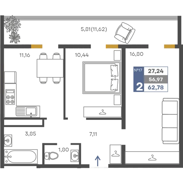 Планировка: Двухкомнатная квартира, 56,97 м², ЖК «Сфера»