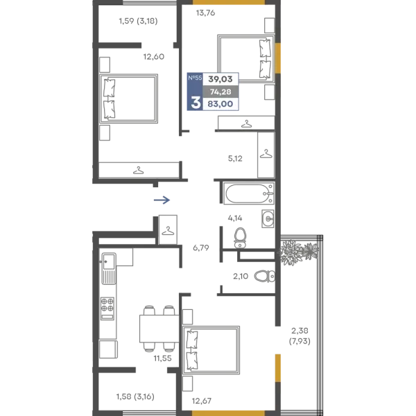 Планировка: Трёхкомнатная квартира, 74,28 м², ЖК «Сфера»