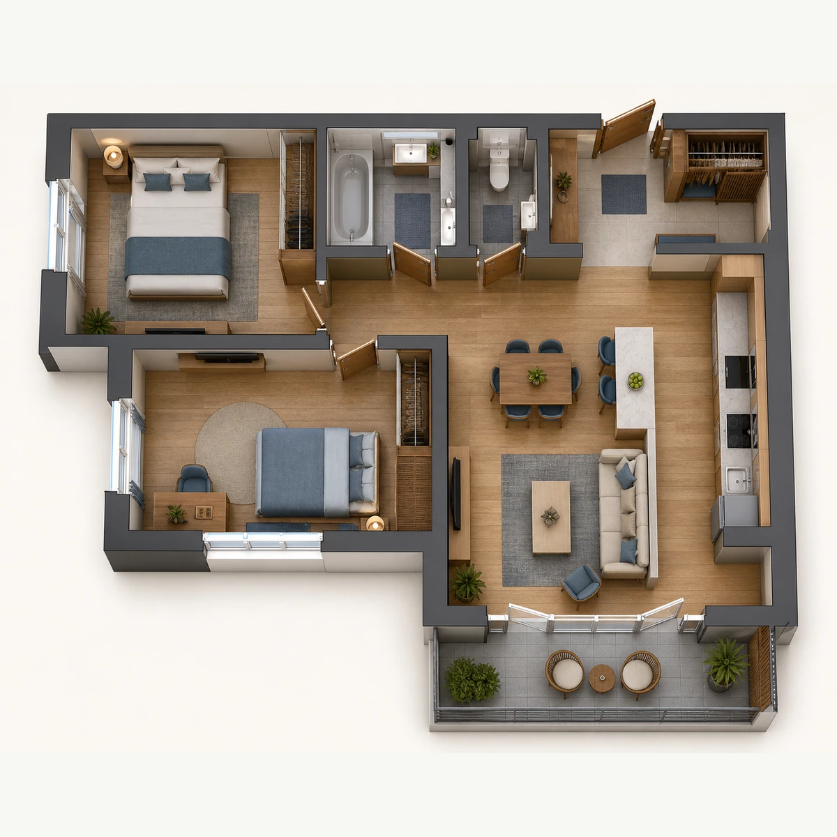 Схема планировочного формата: Двухкомнатная квартира, 61,62 м²