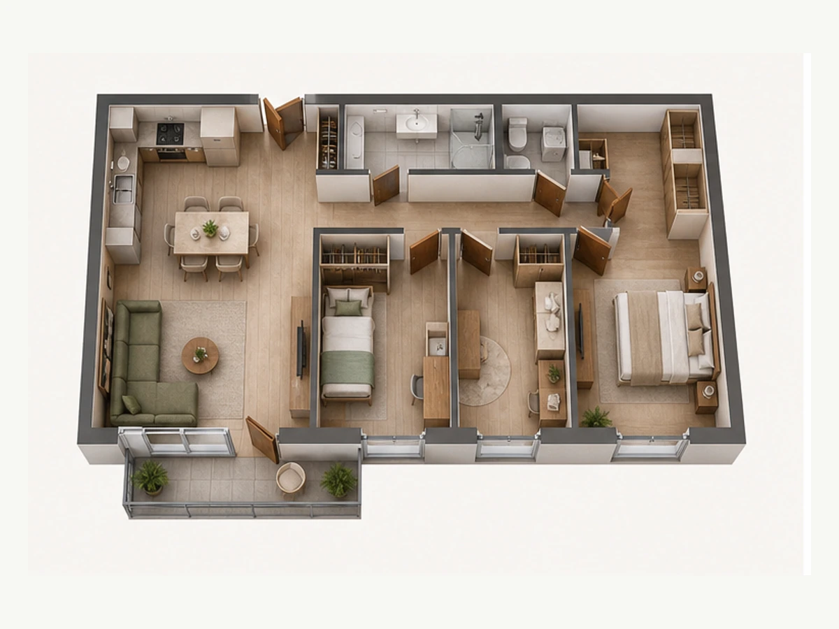 Трёхкомнатная квартира площадью 74,1 м²