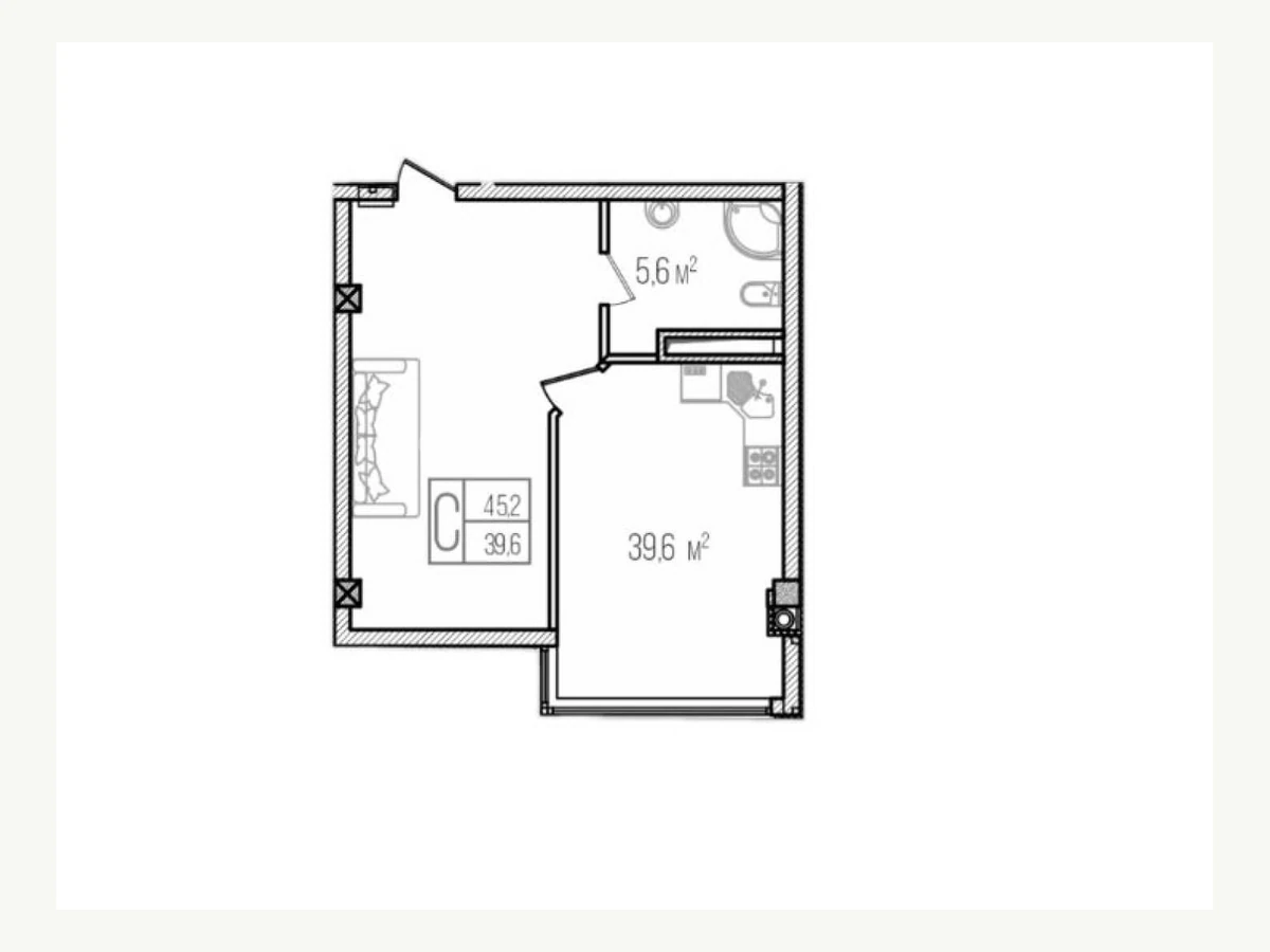 Однокомнатная квартира площадью 44,3 м²