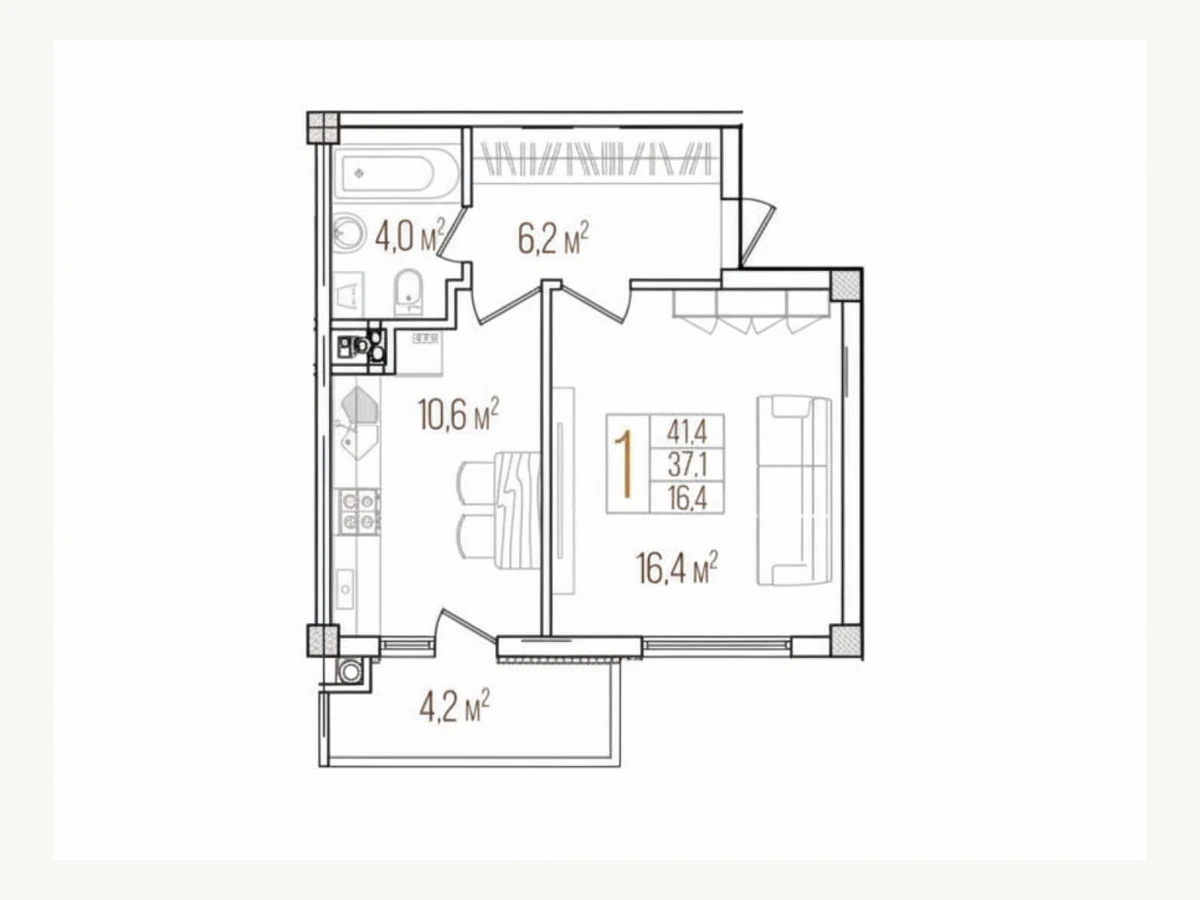 Двухкомнатная квартира площадью 61,6 м²