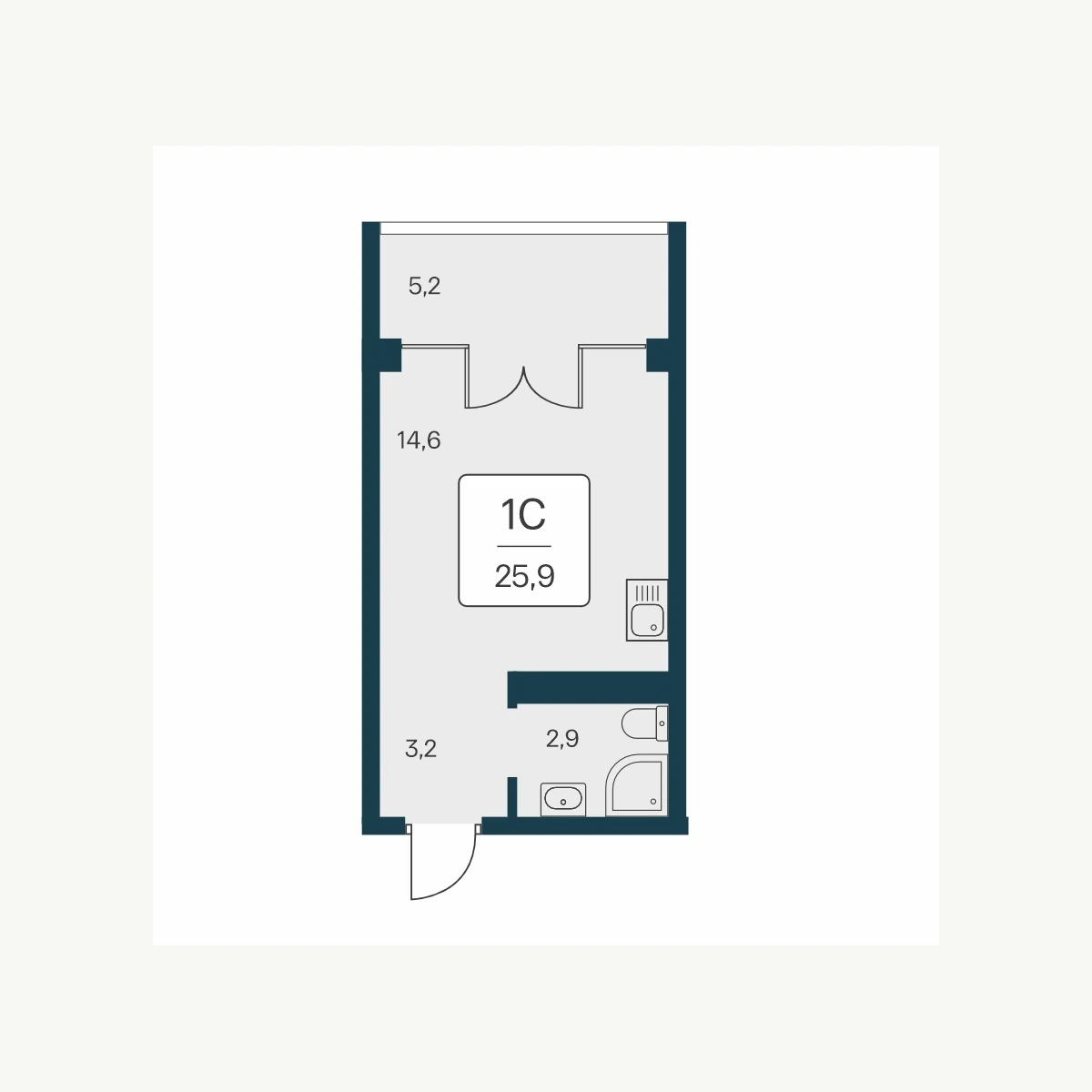 Планировочный формат: Студия, 25,9 м²