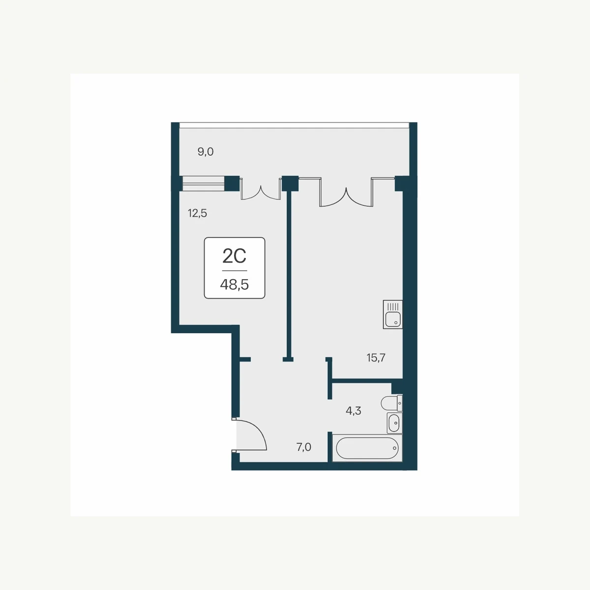 Планировочный формат: Двухкомнатная квартира, 48,5 м²