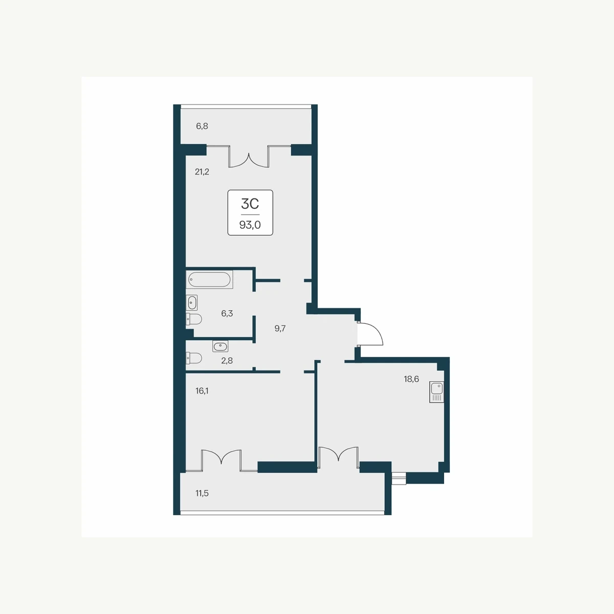 Планировочный формат: Трёхкомнатная квартира, 93,0 м²
