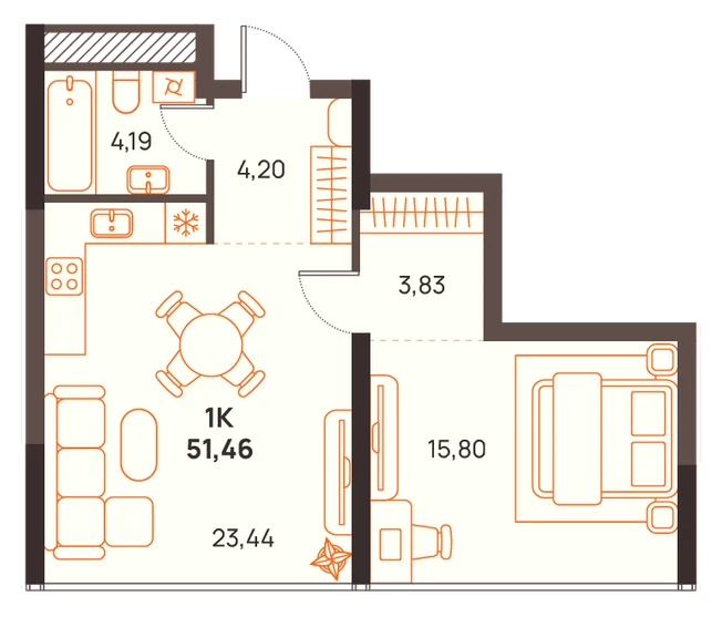 Планировка Двухкомнатная квартира 51,46 м² в Западном Проспекте 82