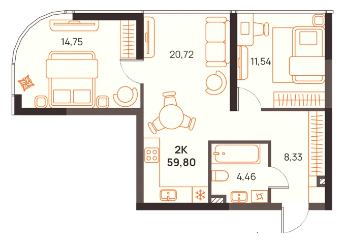 Планировка Трёхкомнатная квартира 58,80 м² в Западном Проспекте 82