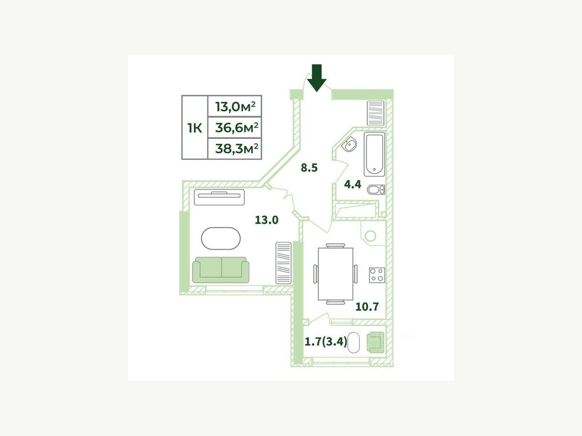 Однокомнатная квартира площадью 38,3 м²