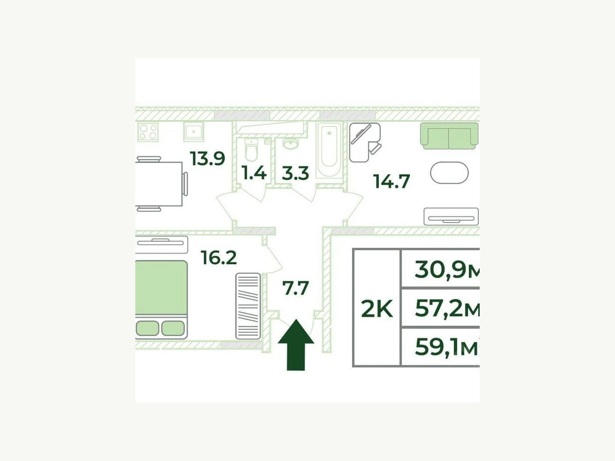 Двухкомнатная квартира площадью 57,2 м²